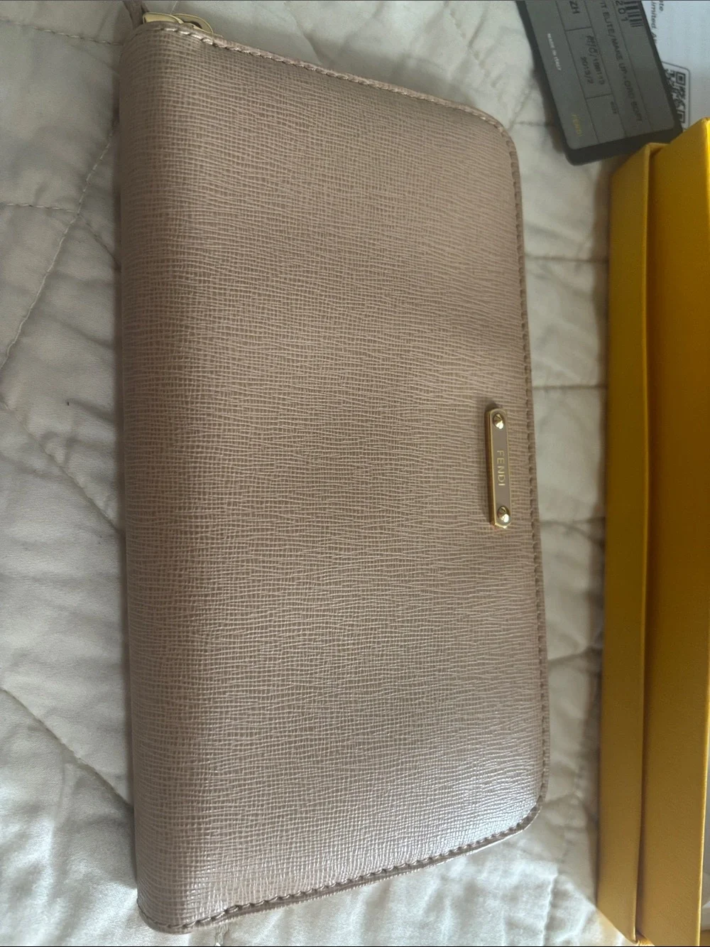 Fendi Taupe Zip-Around Leather Wallet with Gold Hardware
